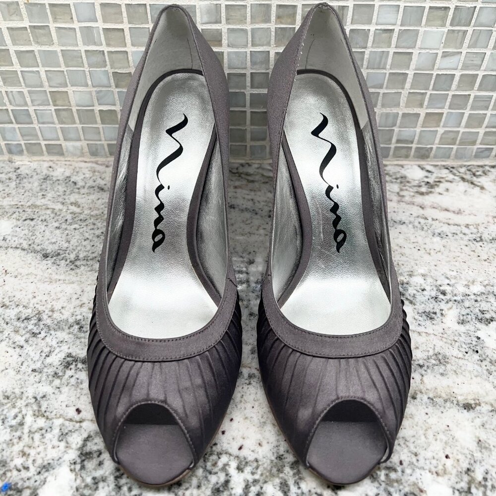 Nina Satin Grey Peep Toe Shoe 7.5